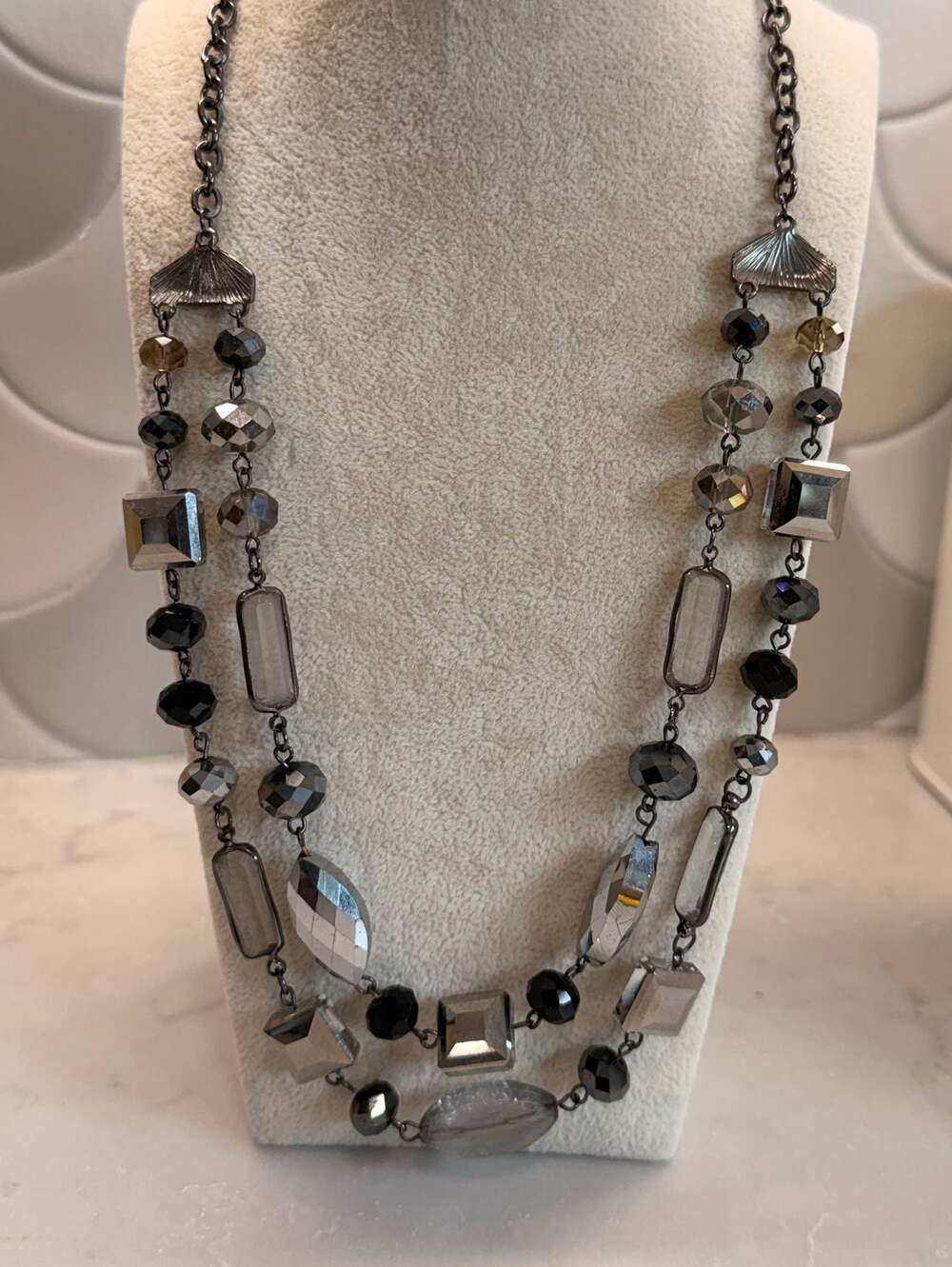 WHBM Gunmetal Silver and Black Beaded Multi-Strand Layered Statement Necklace